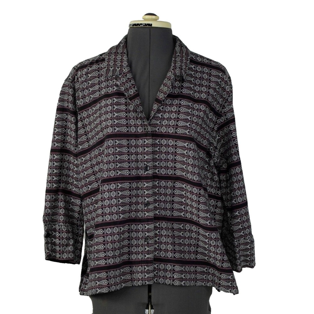 Chicos Design Women Jacket 2 Large 3/4 Sleeve Boho Black Red Aztek Print Buttons